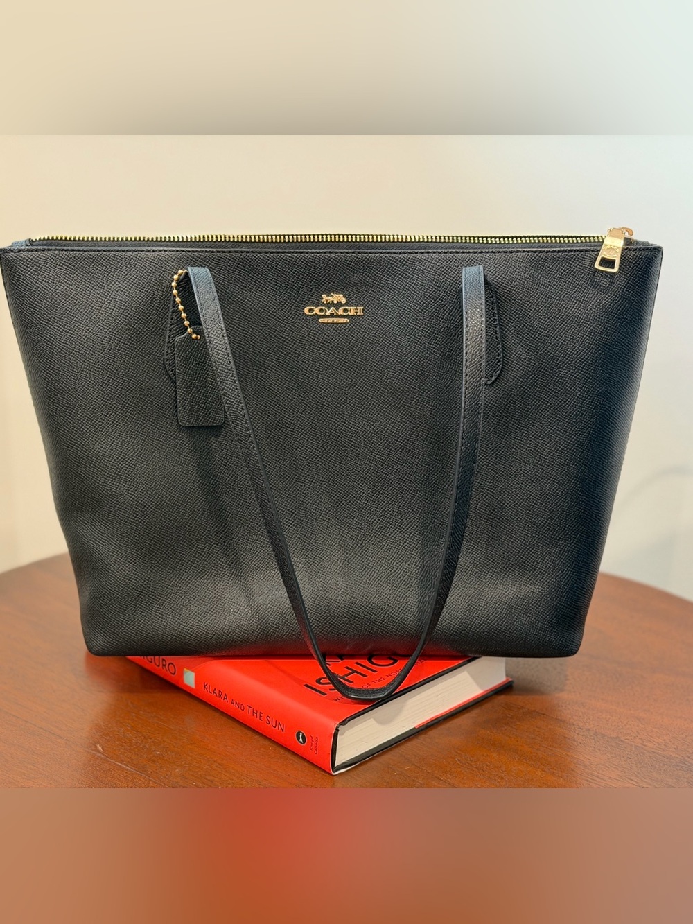 Black Leather Coach “Fiona” Zip Tote
